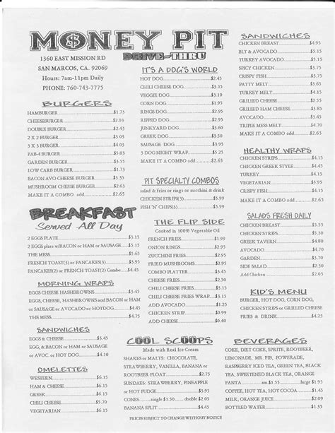 Money pit san marcos menu - After it opened, the Money Pit -- which serves burgers, healthywraps and other American-style fare from 7 a.m. to 11 p.m. daily --quickly began attracting customers.